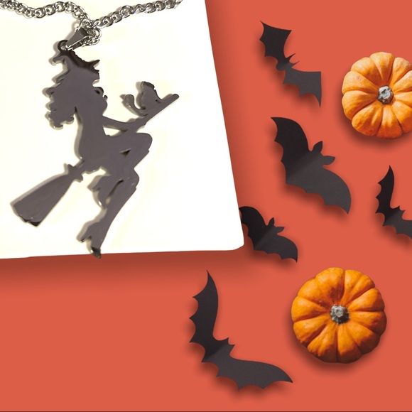 Vintage Witch Broom Cat Stainless Steel Necklace - Picture 11 of 16